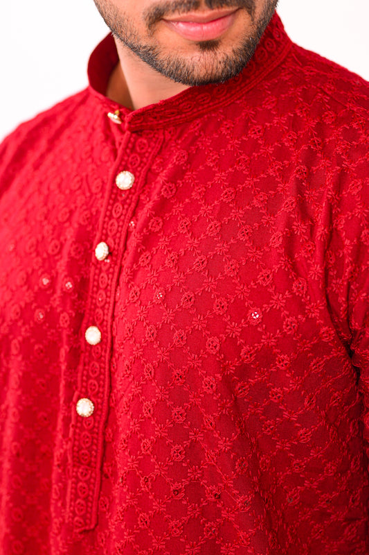 Red Chikankari kurta Set