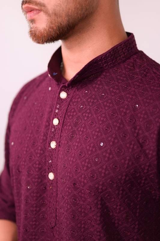 Maroon Chikankari Kurta Set